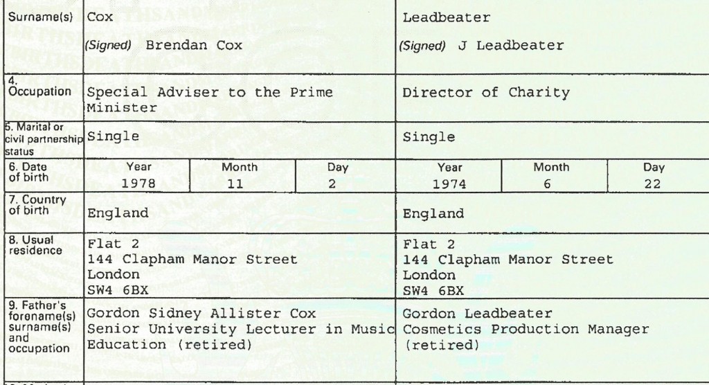 Jo & Brendan Cox Marriage Certificate.